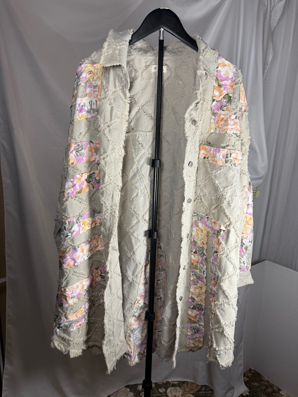 POL Floral Patchwork Raw Edge Boho Cardigan Jacket Size S